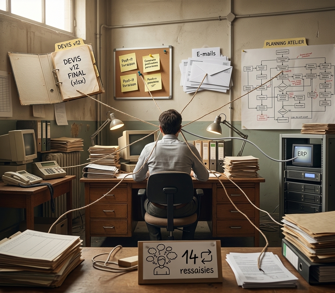 Un collaborateur entouré de documents, tableaux, e-mails et outils déconnectés